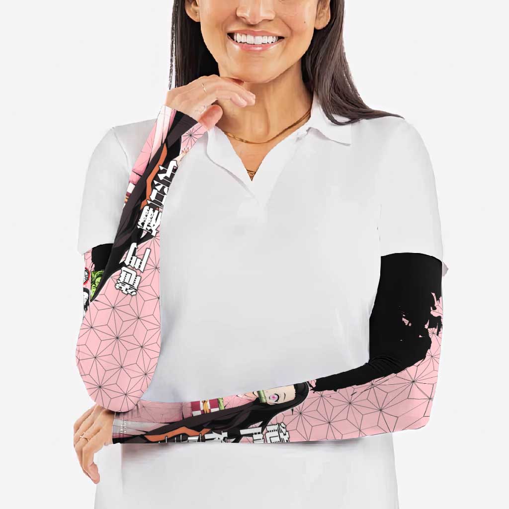 Nezuko Kamado from Demon Slayer Arm Sleeves with Pink Pattern Kimono and Demon Form Flames Design - The Mazicc