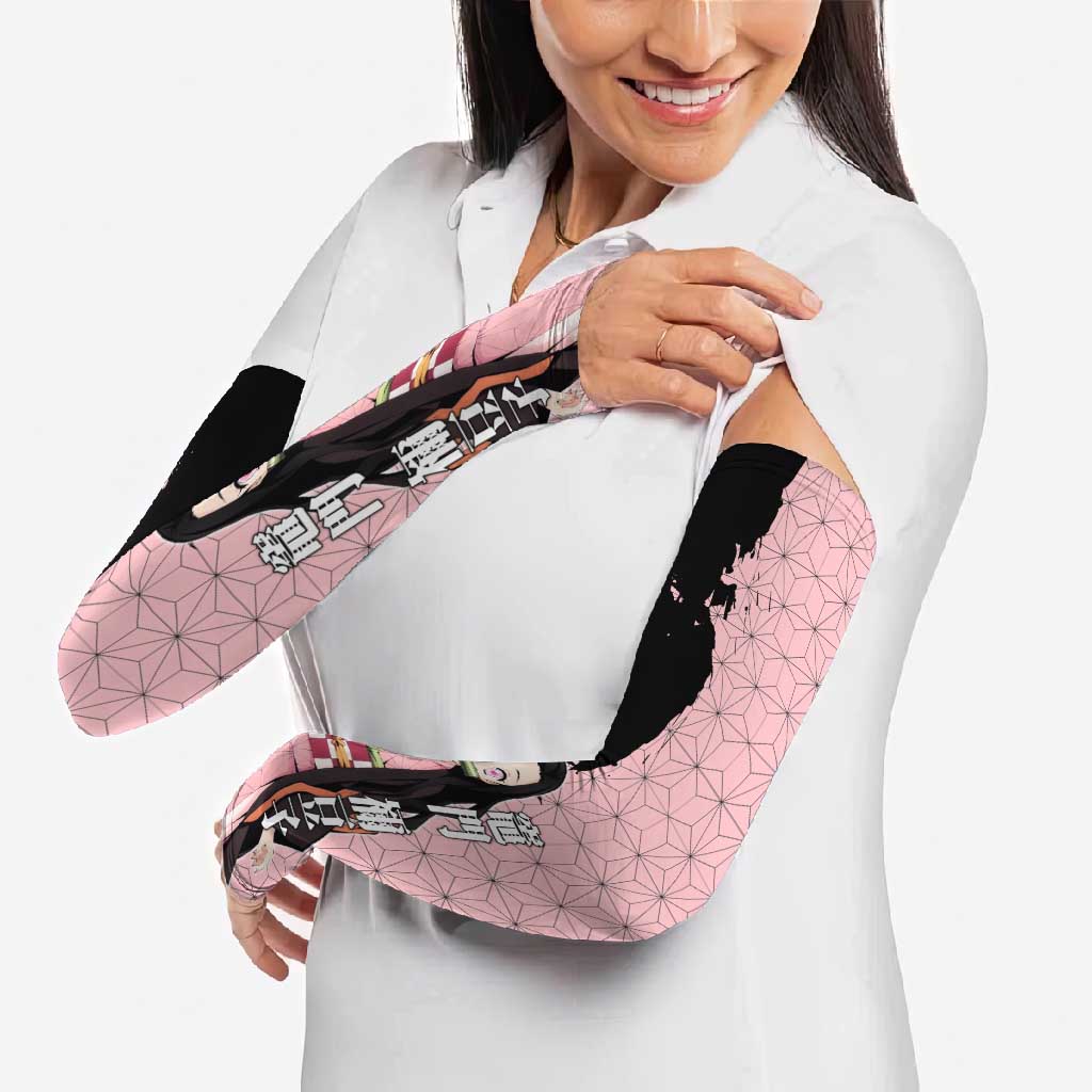 Nezuko Kamado from Demon Slayer Arm Sleeves with Pink Pattern Kimono and Demon Form Flames Design - The Mazicc