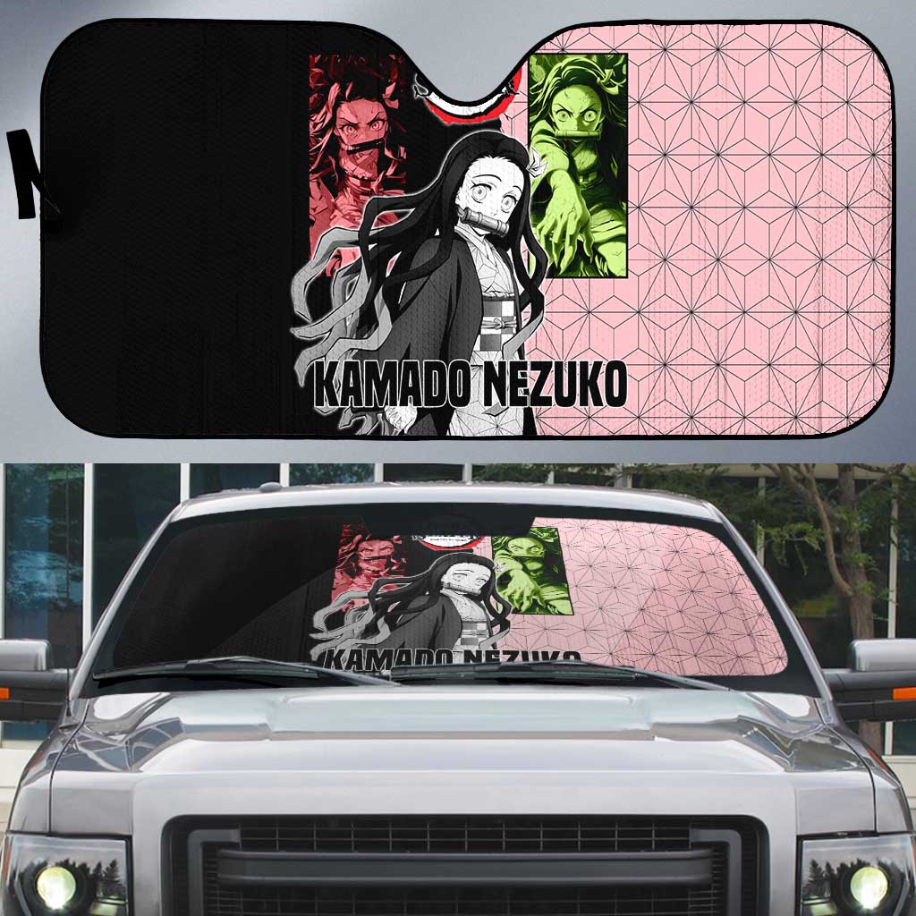 Nezuko Kamado from Demon Slayer Auto Sun Shade with Pink Pattern Kimono and Demon Form Flames Design - The Mazicc