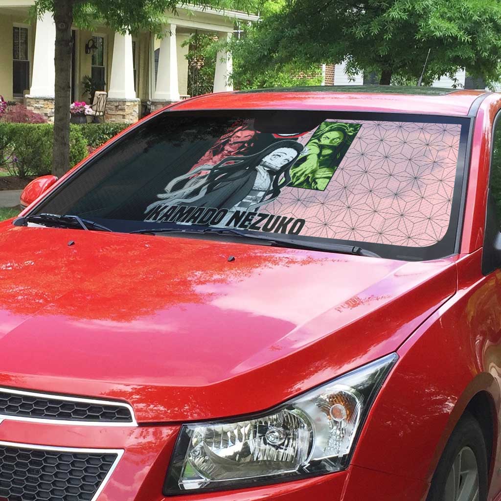Nezuko Kamado from Demon Slayer Auto Sun Shade with Pink Pattern Kimono and Demon Form Flames Design - The Mazicc
