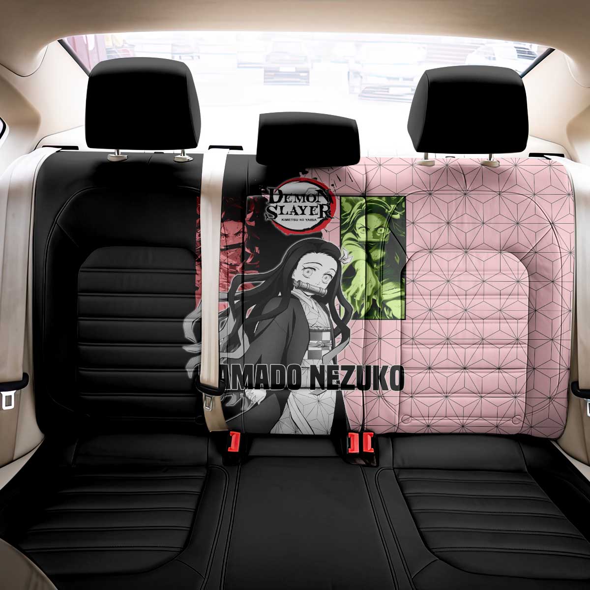 Nezuko Kamado from Demon Slayer Back Car Seat Cover with Pink Pattern Kimono and Demon Form Flames Design - The Mazicc