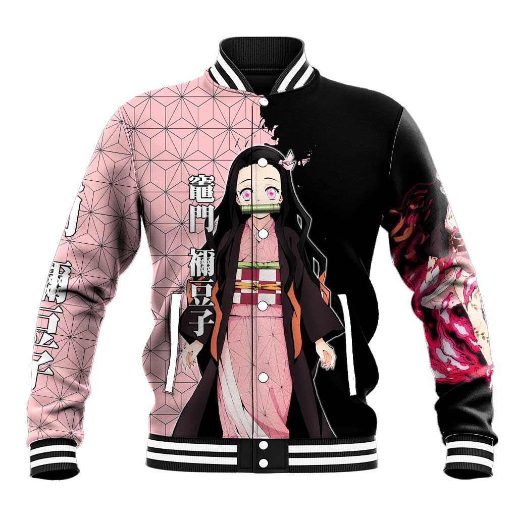 Nezuko Kamado from Demon Slayer Baseball Jacket with Pink Pattern Kimono and Demon Form Flames Design - The Mazicc