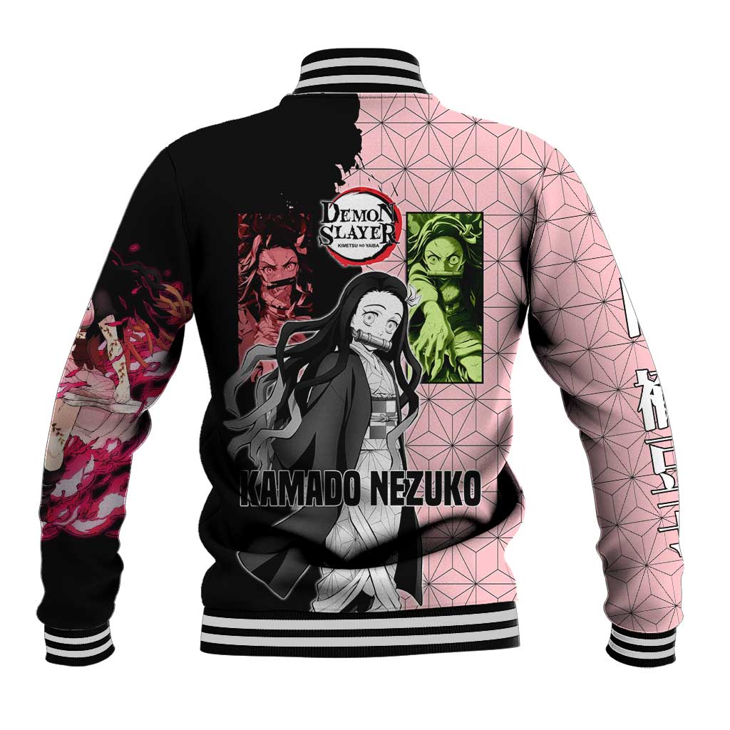 Nezuko Kamado from Demon Slayer Baseball Jacket with Pink Pattern Kimono and Demon Form Flames Design - The Mazicc