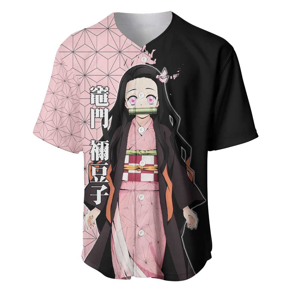 Nezuko Kamado from Demon Slayer Baseball Jersey with Pink Pattern Kimono and Demon Form Flames Design - The Mazicc