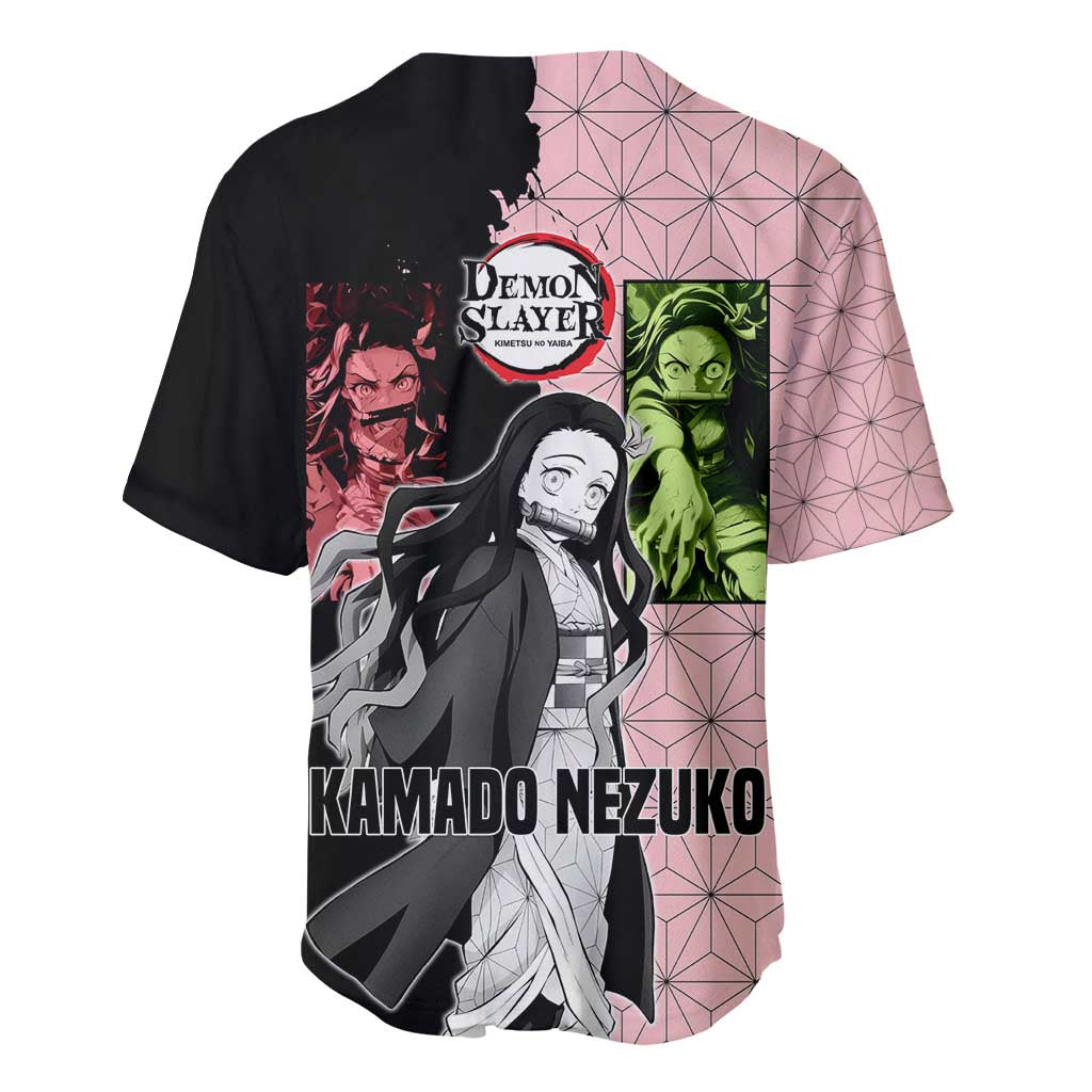 Nezuko Kamado from Demon Slayer Baseball Jersey with Pink Pattern Kimono and Demon Form Flames Design - The Mazicc