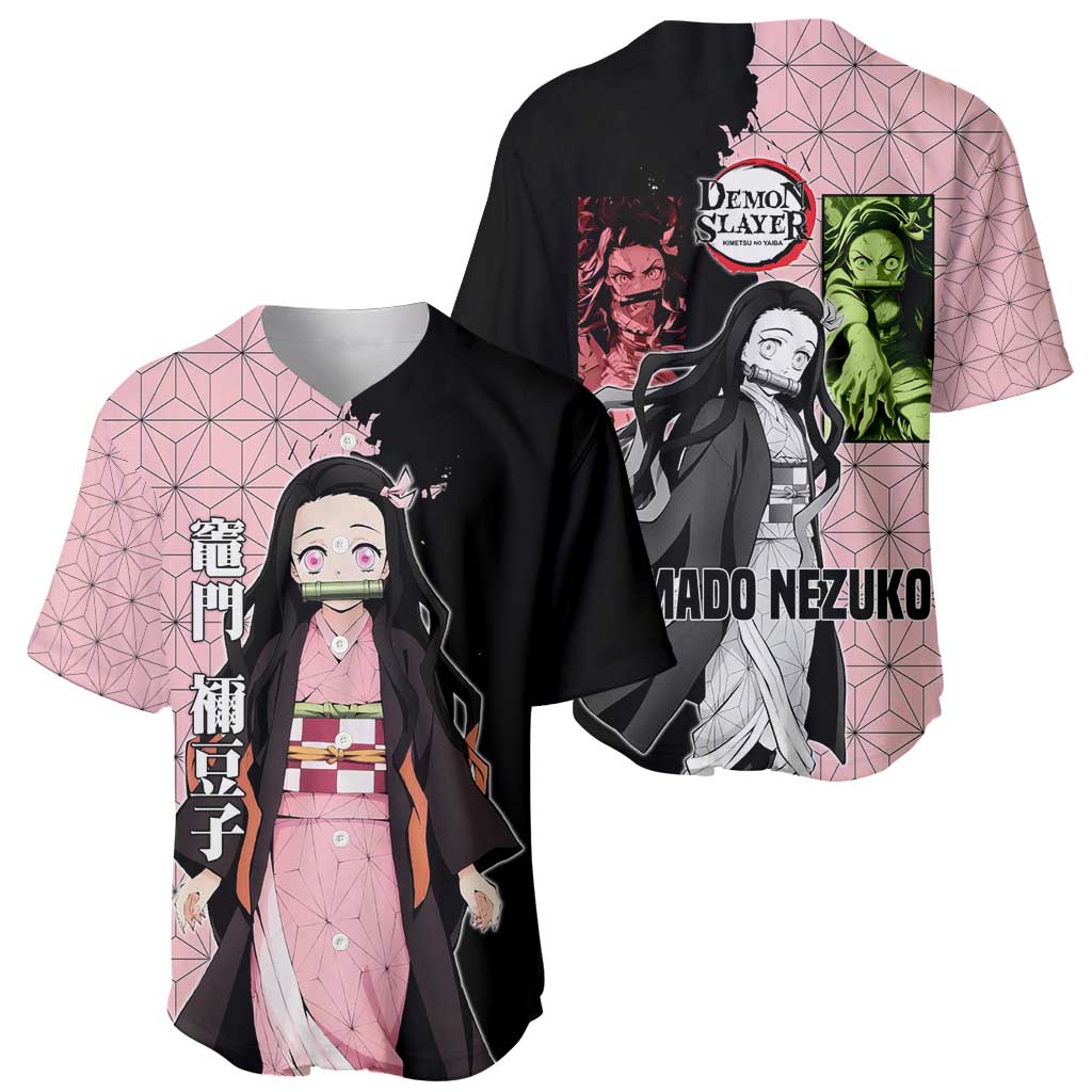 Nezuko Kamado from Demon Slayer Baseball Jersey with Pink Pattern Kimono and Demon Form Flames Design - The Mazicc