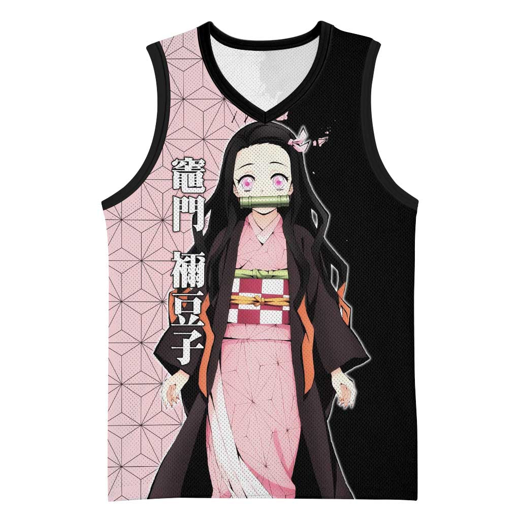 Nezuko Kamado from Demon Slayer Basketball Jersey with Pink Pattern Kimono and Demon Form Flames Design - The Mazicc