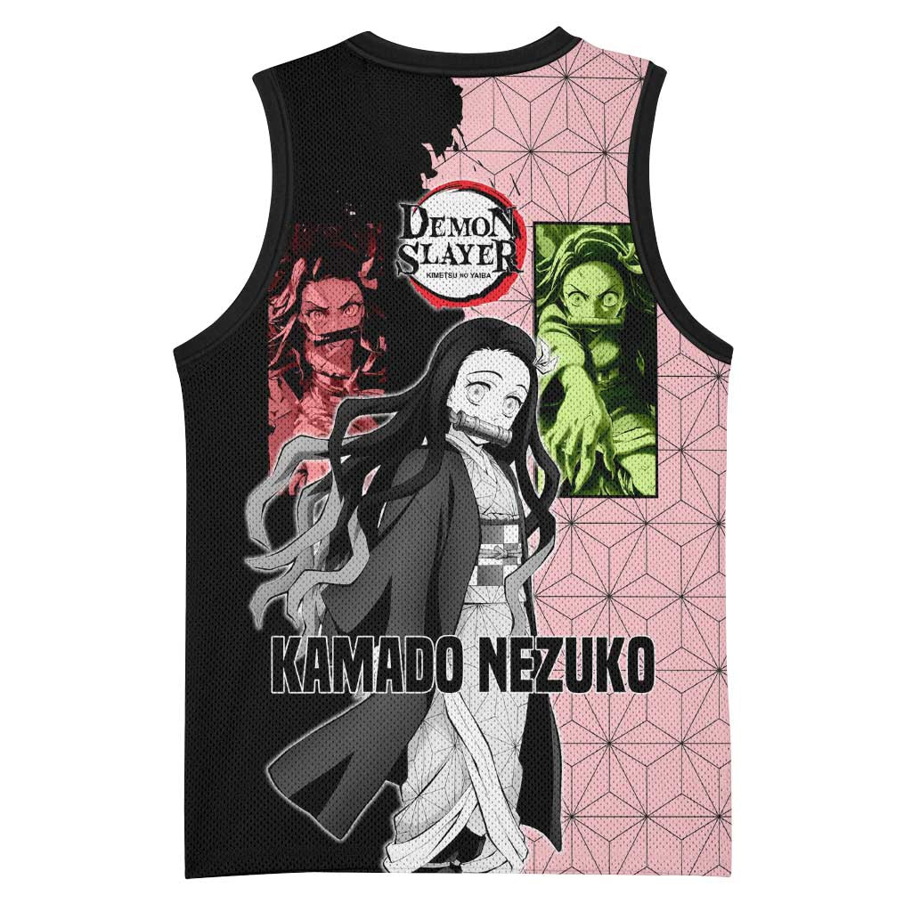 Nezuko Kamado from Demon Slayer Basketball Jersey with Pink Pattern Kimono and Demon Form Flames Design - The Mazicc