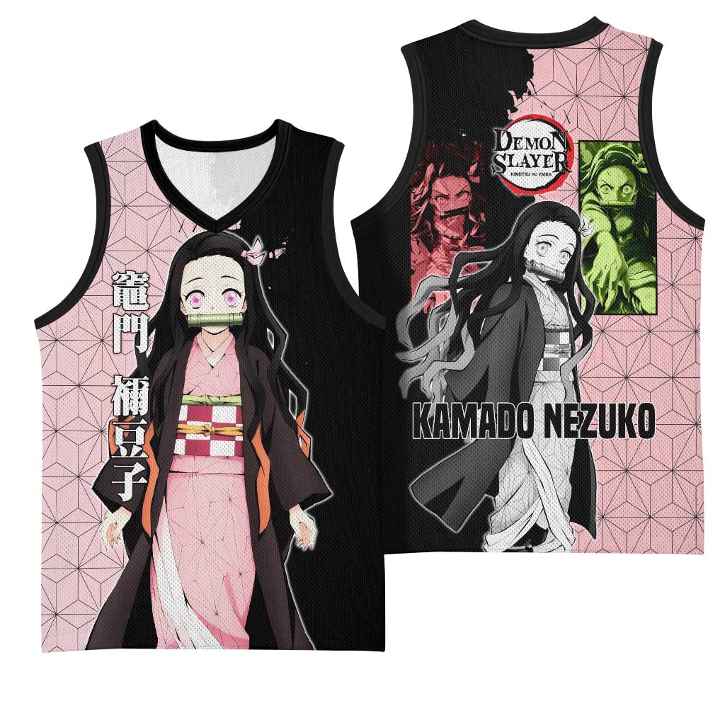 Nezuko Kamado from Demon Slayer Basketball Jersey with Pink Pattern Kimono and Demon Form Flames Design - The Mazicc
