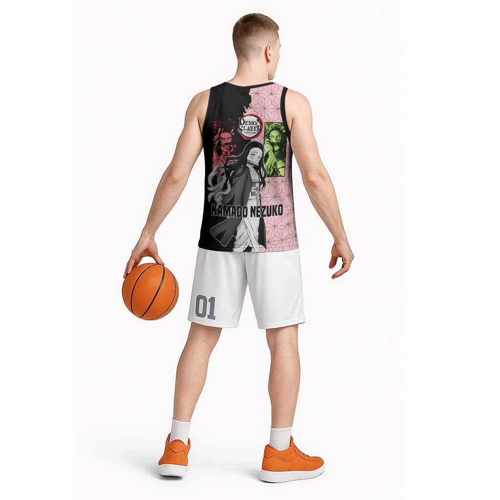 Nezuko Kamado from Demon Slayer Basketball Jersey with Pink Pattern Kimono and Demon Form Flames Design - The Mazicc