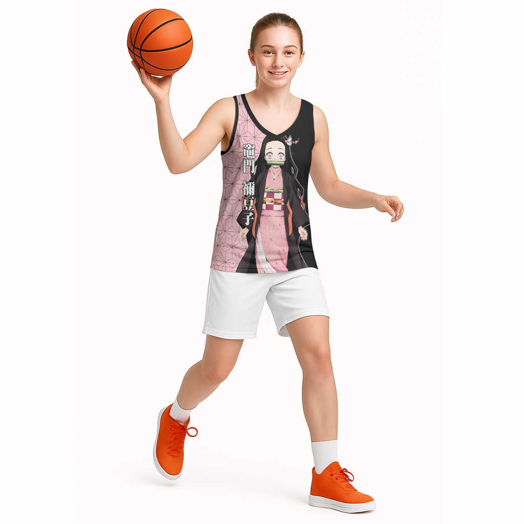 Nezuko Kamado from Demon Slayer Basketball Jersey with Pink Pattern Kimono and Demon Form Flames Design - The Mazicc