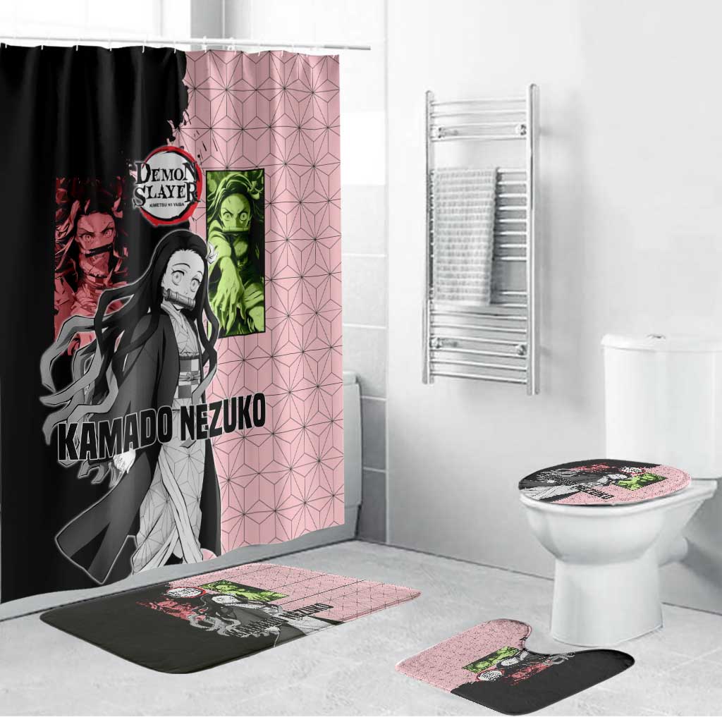 Nezuko Kamado from Demon Slayer Bathroom Set with Pink Pattern Kimono and Demon Form Flames Design - The Mazicc