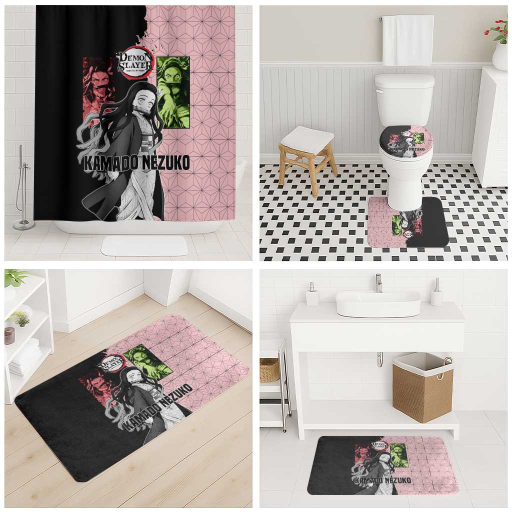 Nezuko Kamado from Demon Slayer Bathroom Set with Pink Pattern Kimono and Demon Form Flames Design - The Mazicc