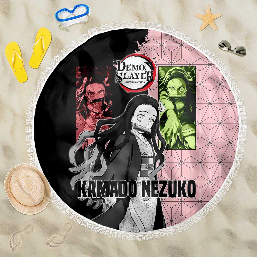 Nezuko Kamado from Demon Slayer Beach Blanket with Pink Pattern Kimono and Demon Form Flames Design - The Mazicc