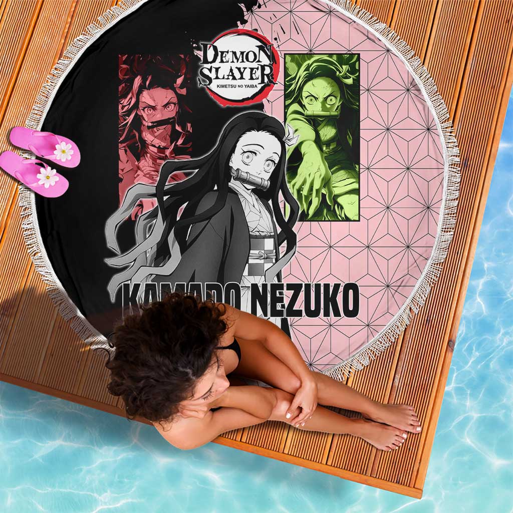 Nezuko Kamado from Demon Slayer Beach Blanket with Pink Pattern Kimono and Demon Form Flames Design - The Mazicc