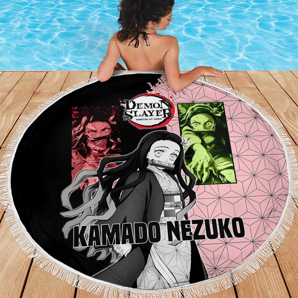 Nezuko Kamado from Demon Slayer Beach Blanket with Pink Pattern Kimono and Demon Form Flames Design - The Mazicc