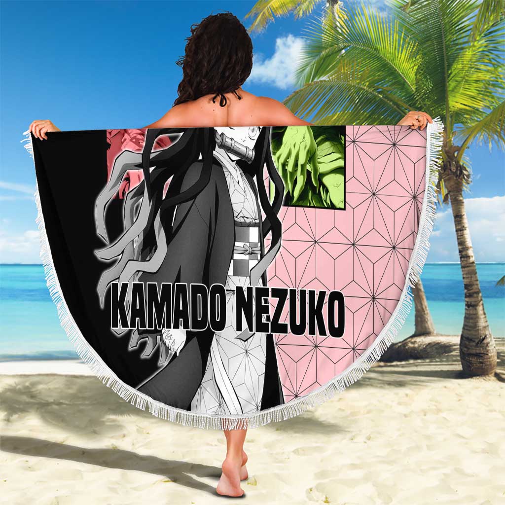 Nezuko Kamado from Demon Slayer Beach Blanket with Pink Pattern Kimono and Demon Form Flames Design - The Mazicc