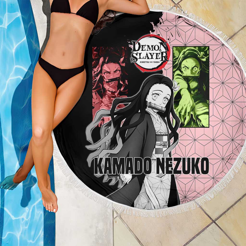 Nezuko Kamado from Demon Slayer Beach Blanket with Pink Pattern Kimono and Demon Form Flames Design - The Mazicc