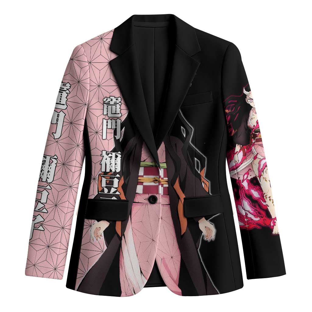 Nezuko Kamado from Demon Slayer Blazer with Pink Pattern Kimono and Demon Form Flames Design - The Mazicc