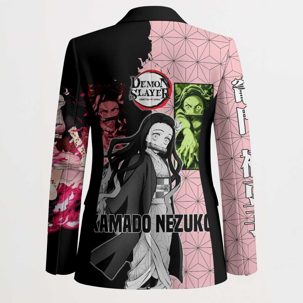 Nezuko Kamado from Demon Slayer Blazer with Pink Pattern Kimono and Demon Form Flames Design - The Mazicc