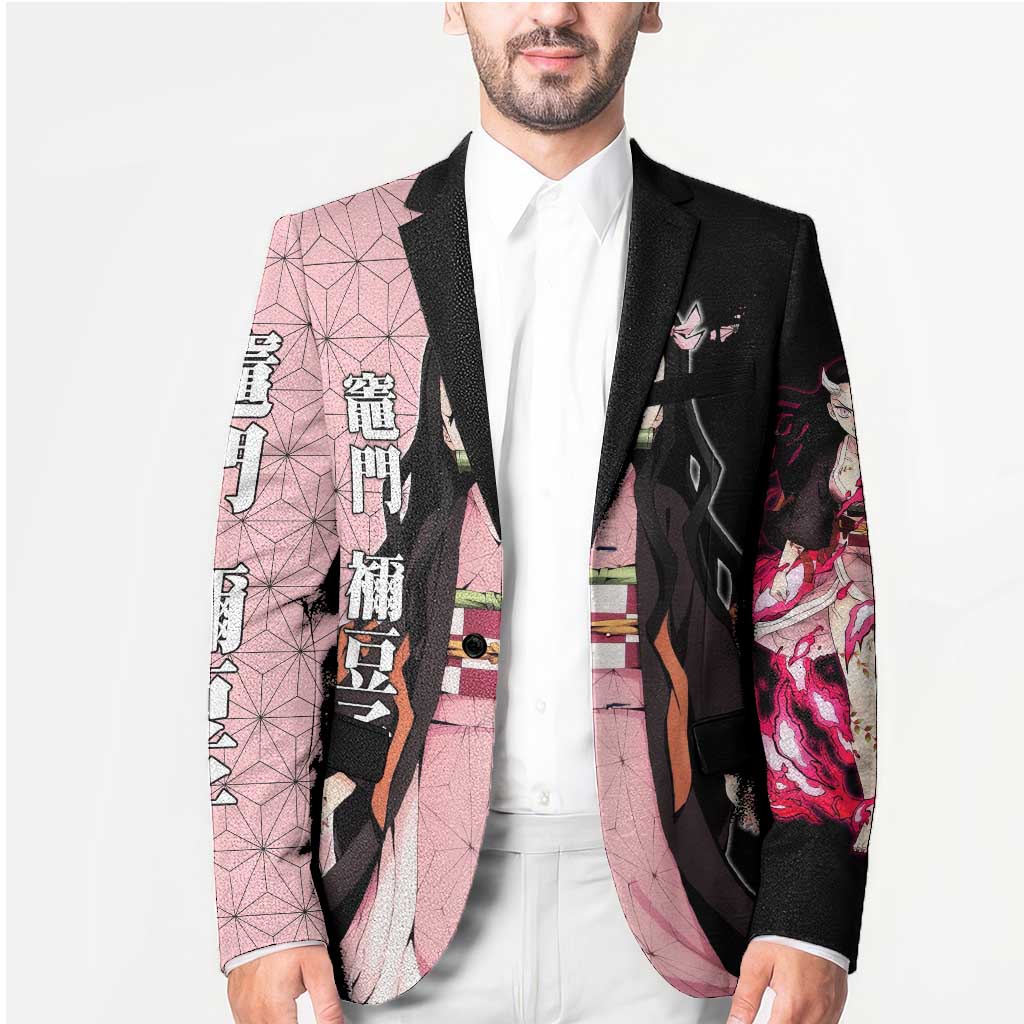 Nezuko Kamado from Demon Slayer Blazer with Pink Pattern Kimono and Demon Form Flames Design - The Mazicc