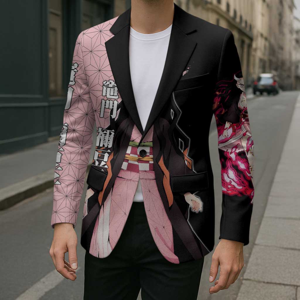 Nezuko Kamado from Demon Slayer Blazer with Pink Pattern Kimono and Demon Form Flames Design - The Mazicc