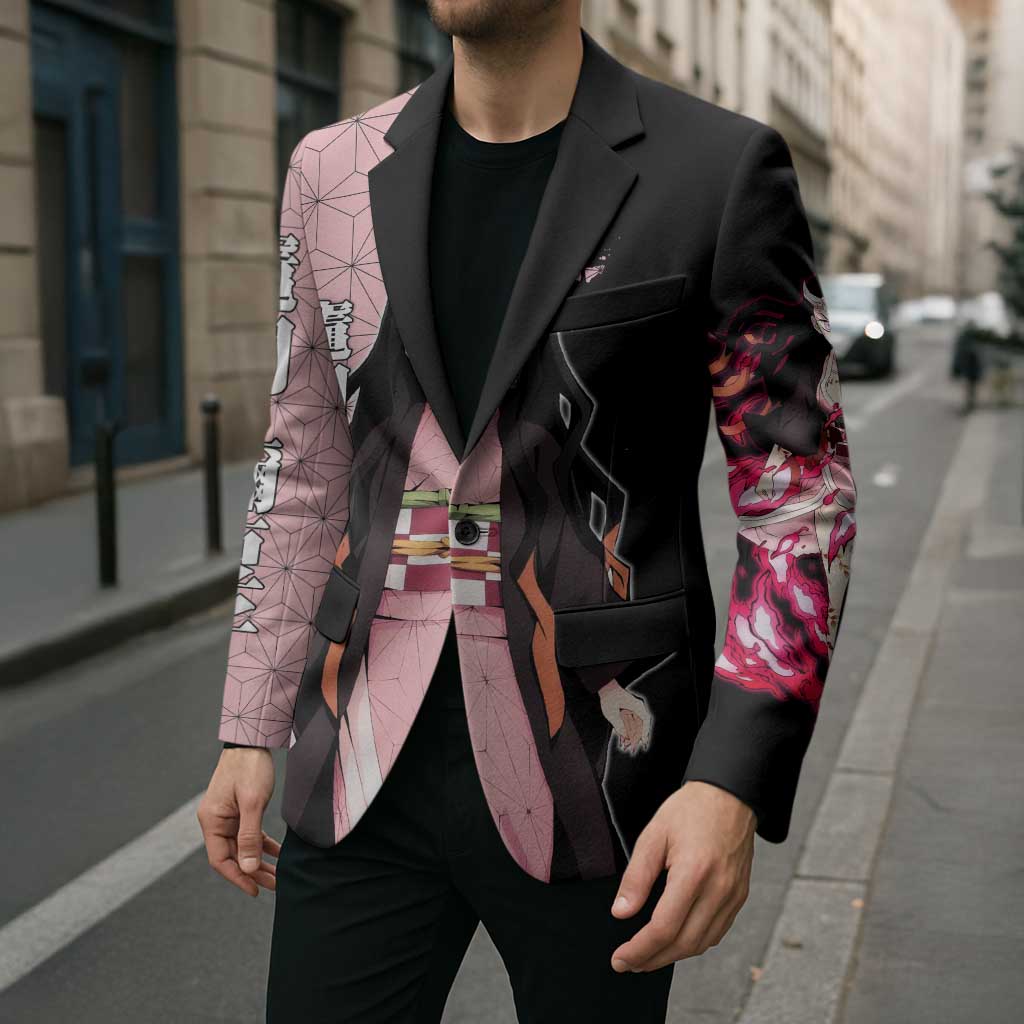 Nezuko Kamado from Demon Slayer Blazer with Pink Pattern Kimono and Demon Form Flames Design - The Mazicc