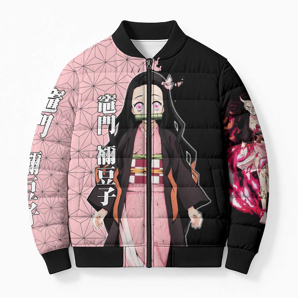 Nezuko Kamado from Demon Slayer Bomber Puffer Jacket with Pink Pattern Kimono and Demon Form Flames Design - The Mazicc