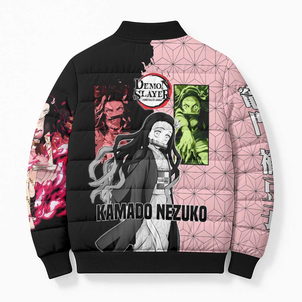 Nezuko Kamado from Demon Slayer Bomber Puffer Jacket with Pink Pattern Kimono and Demon Form Flames Design - The Mazicc