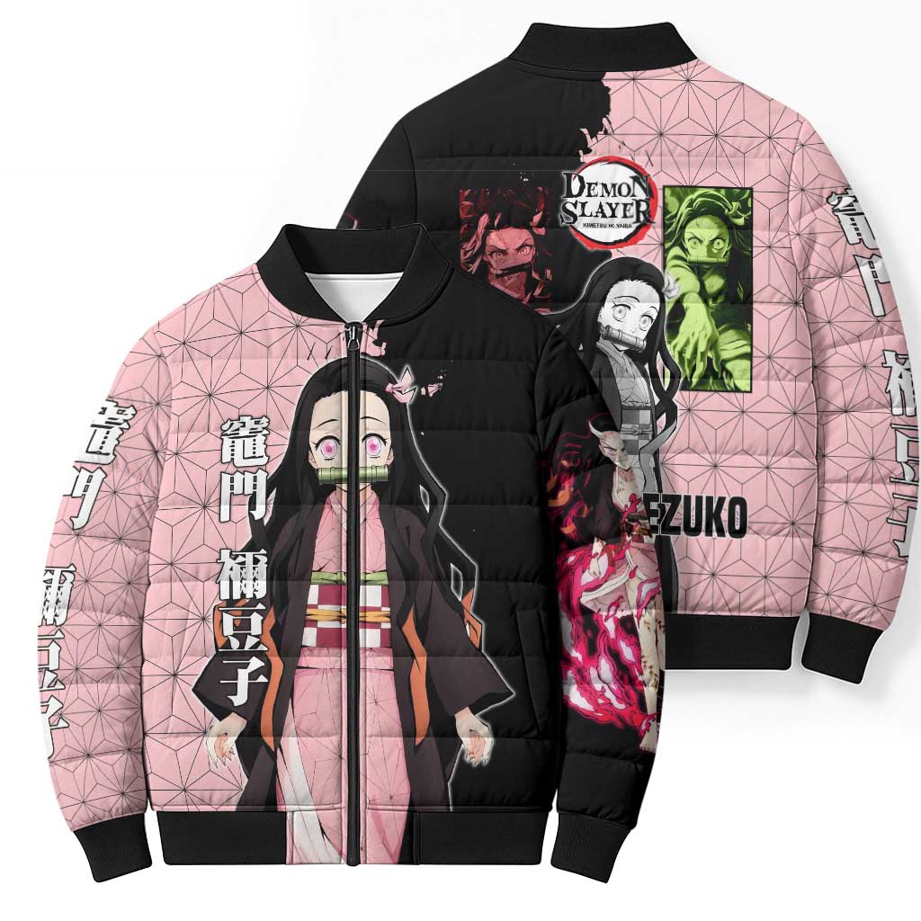 Nezuko Kamado from Demon Slayer Bomber Puffer Jacket with Pink Pattern Kimono and Demon Form Flames Design - The Mazicc