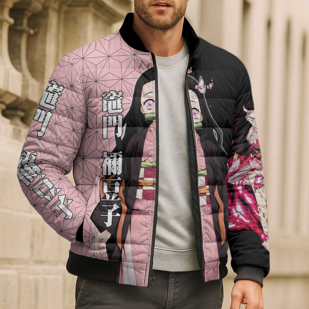 Nezuko Kamado from Demon Slayer Bomber Puffer Jacket with Pink Pattern Kimono and Demon Form Flames Design - The Mazicc