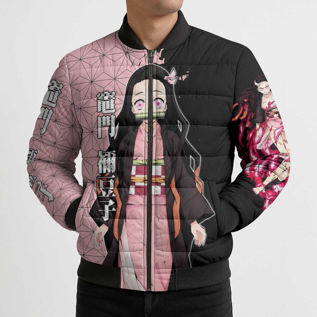 Nezuko Kamado from Demon Slayer Bomber Puffer Jacket with Pink Pattern Kimono and Demon Form Flames Design - The Mazicc