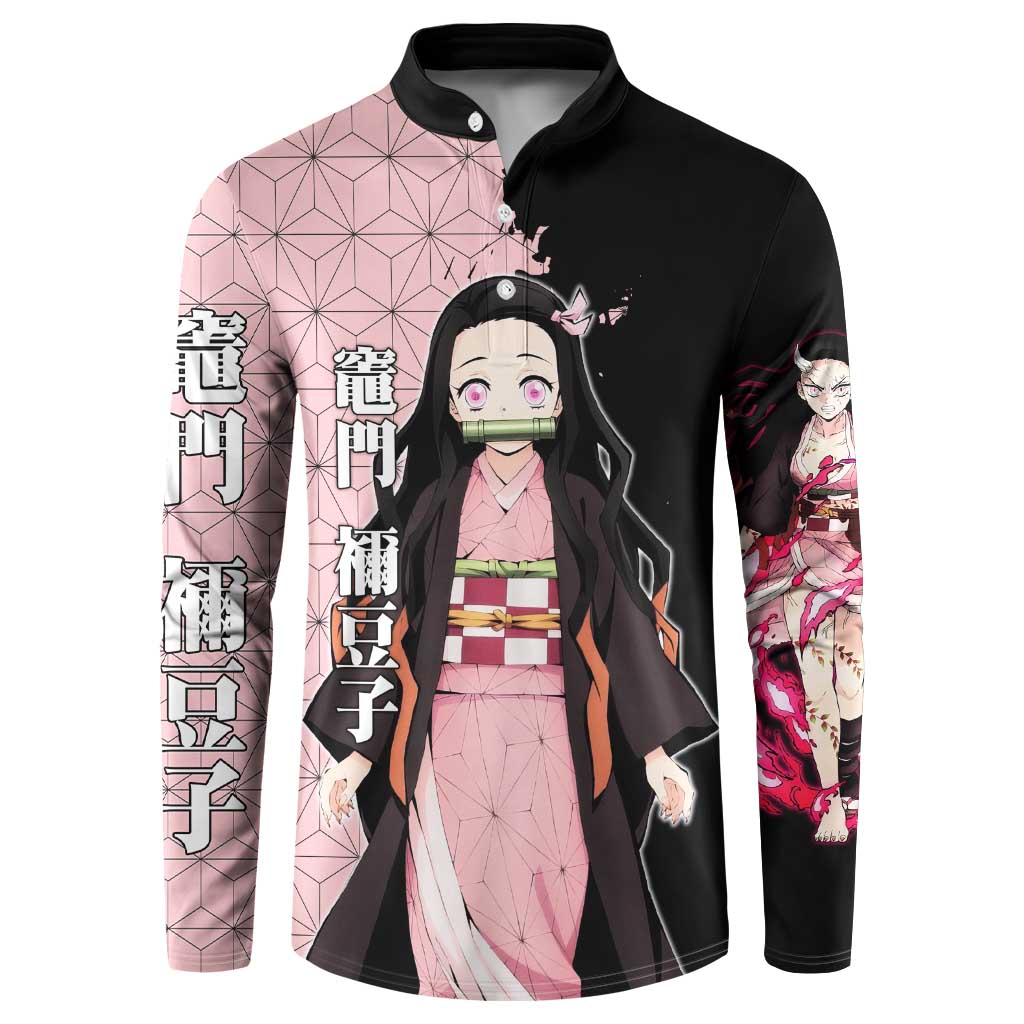 Nezuko Kamado from Demon Slayer Button Sweatshirt with Pink Pattern Kimono and Demon Form Flames Design - The Mazicc