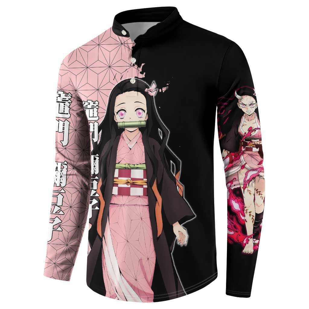 Nezuko Kamado from Demon Slayer Button Sweatshirt with Pink Pattern Kimono and Demon Form Flames Design - The Mazicc
