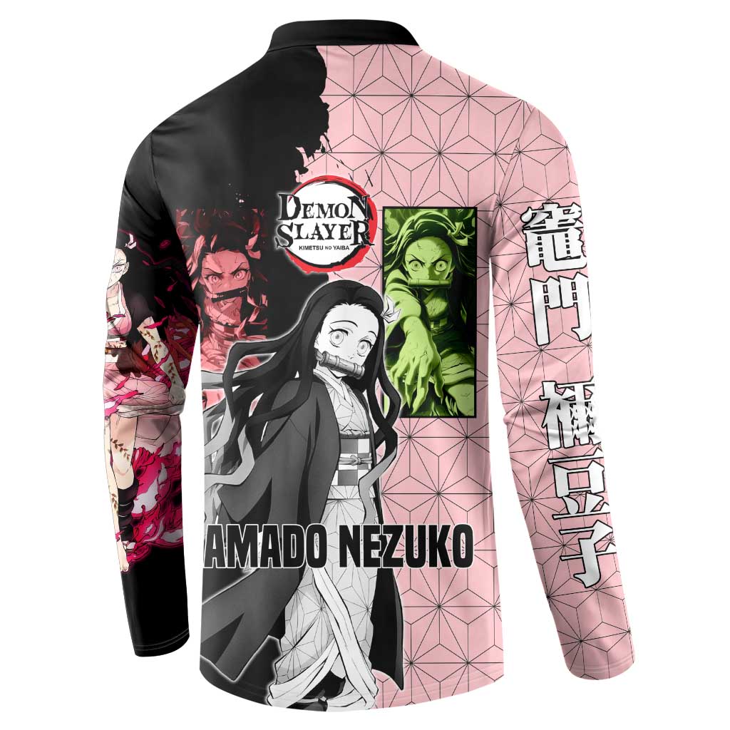 Nezuko Kamado from Demon Slayer Button Sweatshirt with Pink Pattern Kimono and Demon Form Flames Design - The Mazicc