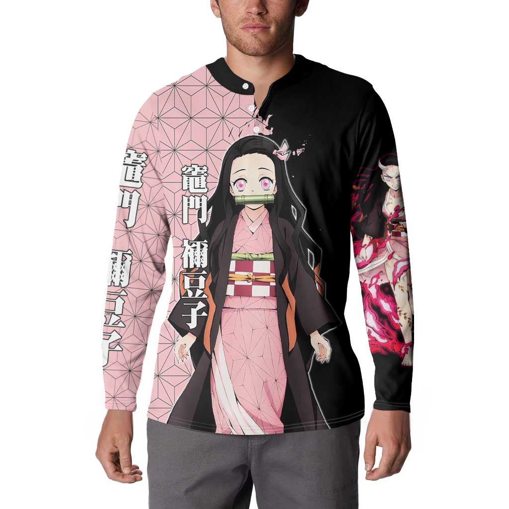 Nezuko Kamado from Demon Slayer Button Sweatshirt with Pink Pattern Kimono and Demon Form Flames Design - The Mazicc