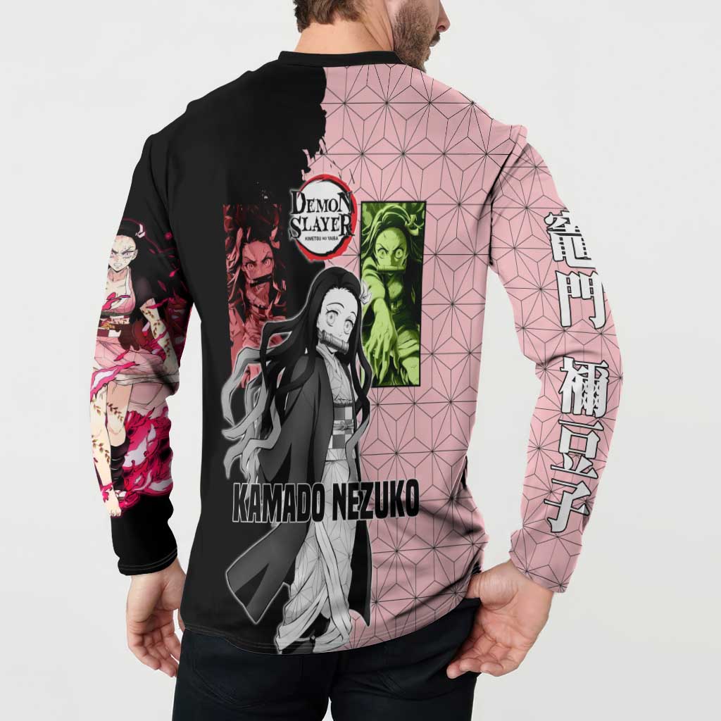 Nezuko Kamado from Demon Slayer Button Sweatshirt with Pink Pattern Kimono and Demon Form Flames Design - The Mazicc