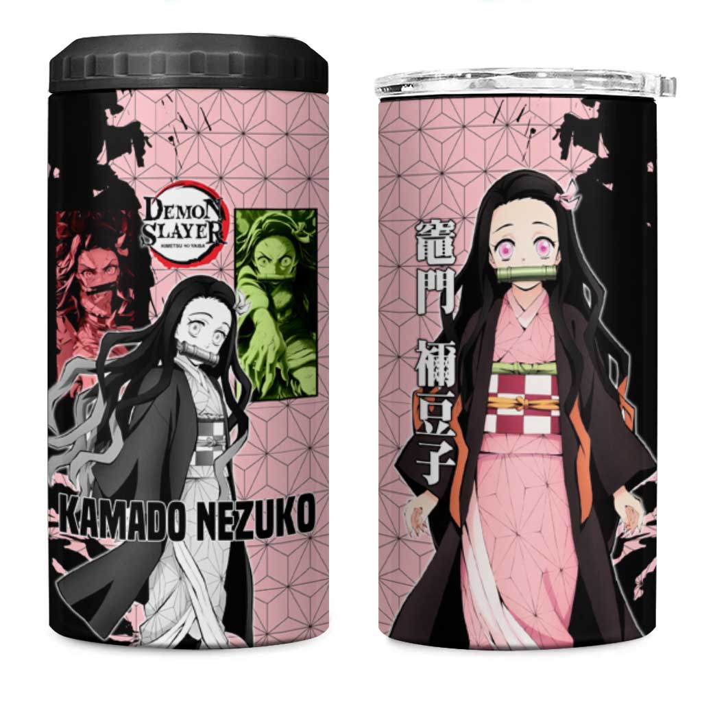 Nezuko Kamado from Demon Slayer 4 in 1 Can Cooler Tumbler with Pink Pattern Kimono and Demon Form Flames Design - The Mazicc