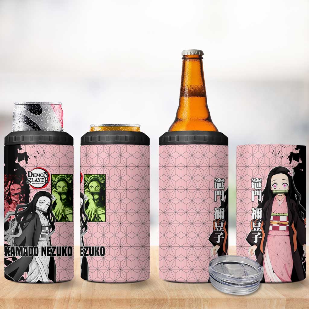 Nezuko Kamado from Demon Slayer 4 in 1 Can Cooler Tumbler with Pink Pattern Kimono and Demon Form Flames Design - The Mazicc