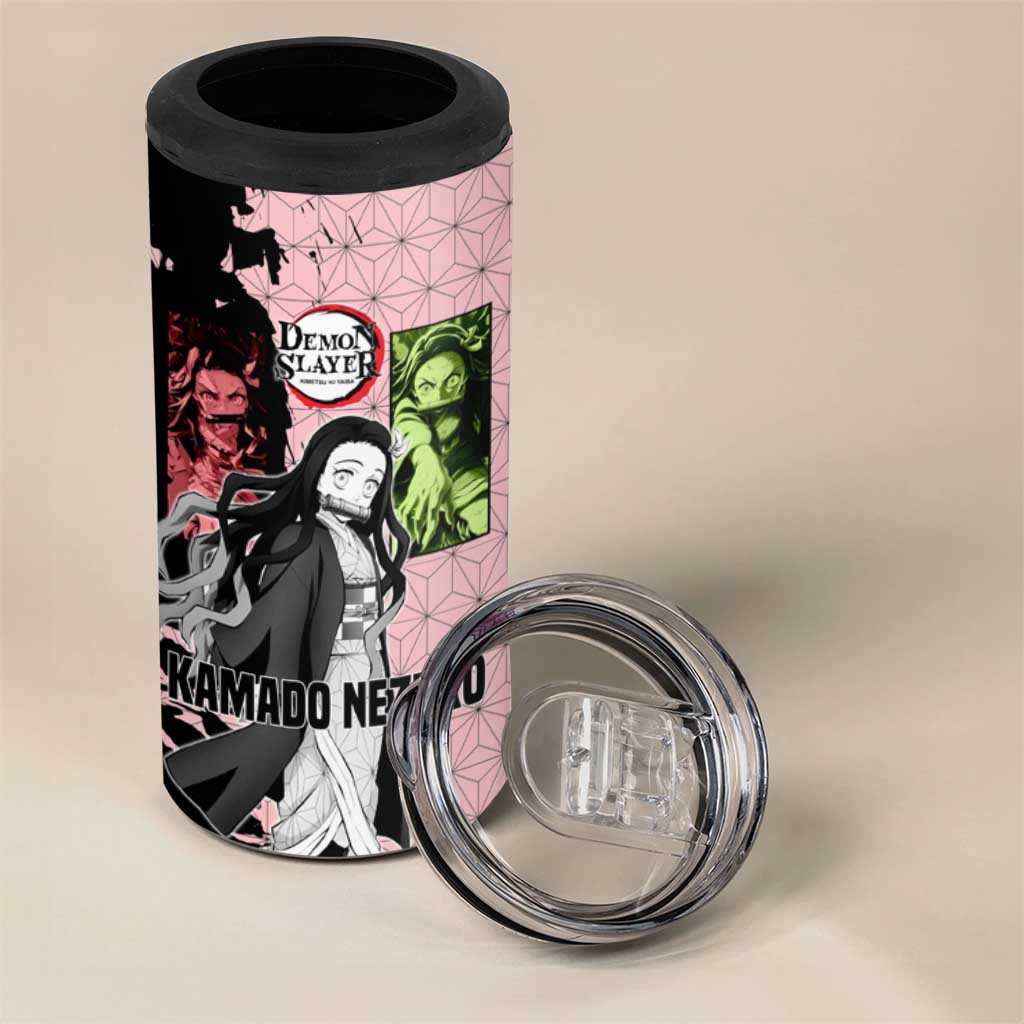 Nezuko Kamado from Demon Slayer 4 in 1 Can Cooler Tumbler with Pink Pattern Kimono and Demon Form Flames Design - The Mazicc