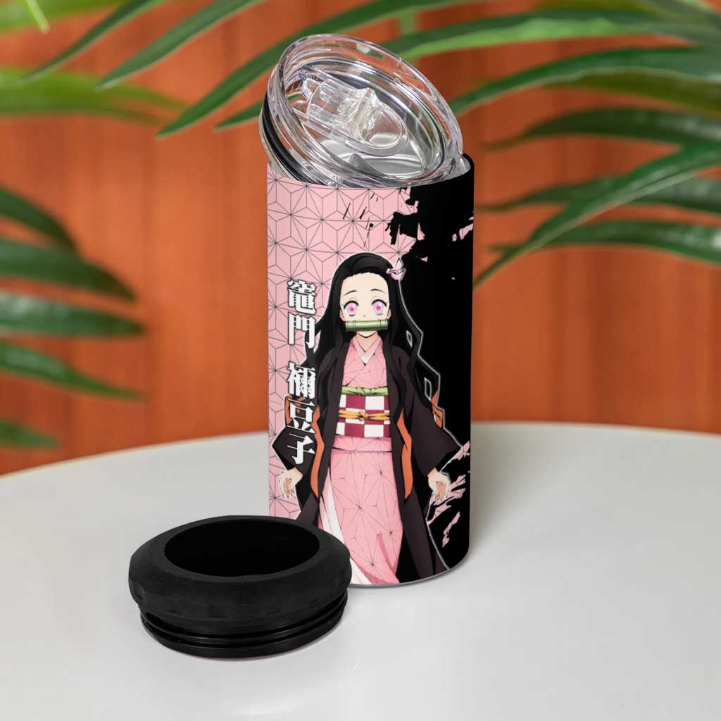 Nezuko Kamado from Demon Slayer 4 in 1 Can Cooler Tumbler with Pink Pattern Kimono and Demon Form Flames Design - The Mazicc