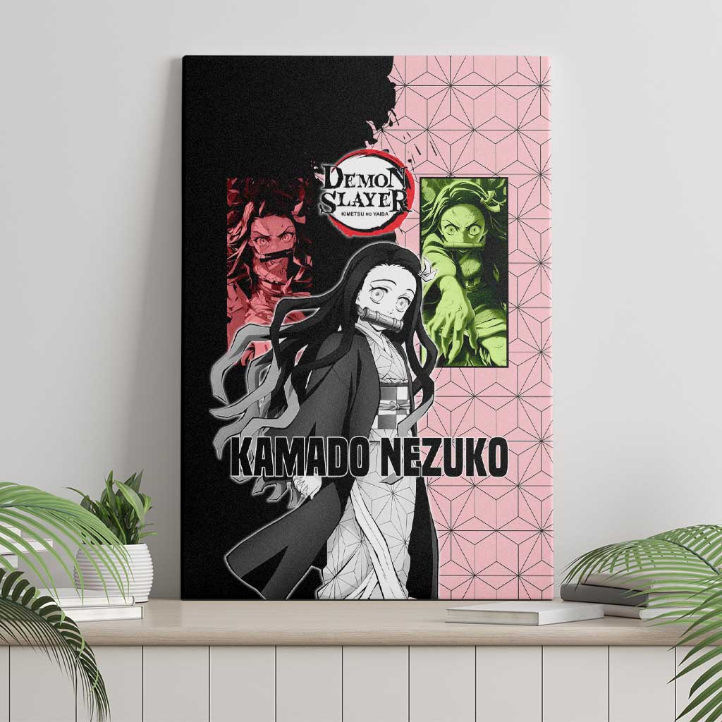 Nezuko Kamado from Demon Slayer Canvas Wall Art with Pink Pattern Kimono and Demon Form Flames Design - The Mazicc