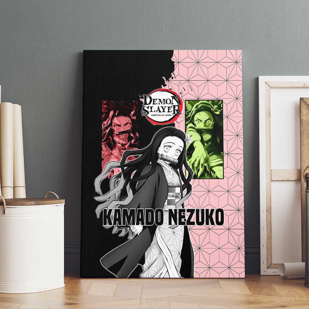 Nezuko Kamado from Demon Slayer Canvas Wall Art with Pink Pattern Kimono and Demon Form Flames Design - The Mazicc
