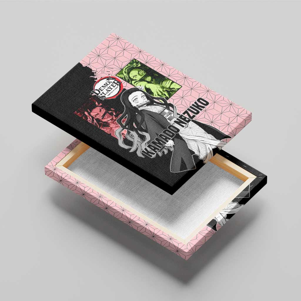 Nezuko Kamado from Demon Slayer Canvas Wall Art with Pink Pattern Kimono and Demon Form Flames Design - The Mazicc