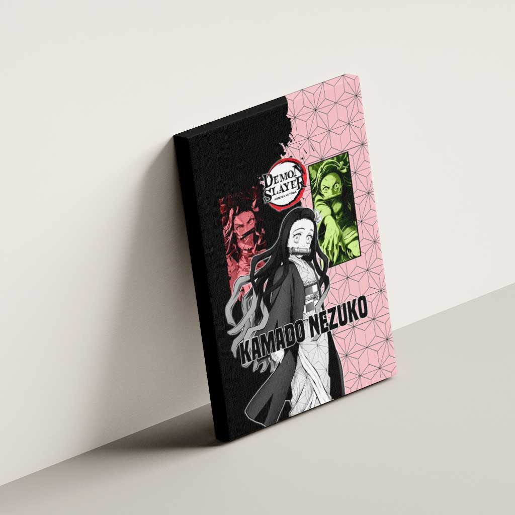 Nezuko Kamado from Demon Slayer Canvas Wall Art with Pink Pattern Kimono and Demon Form Flames Design - The Mazicc