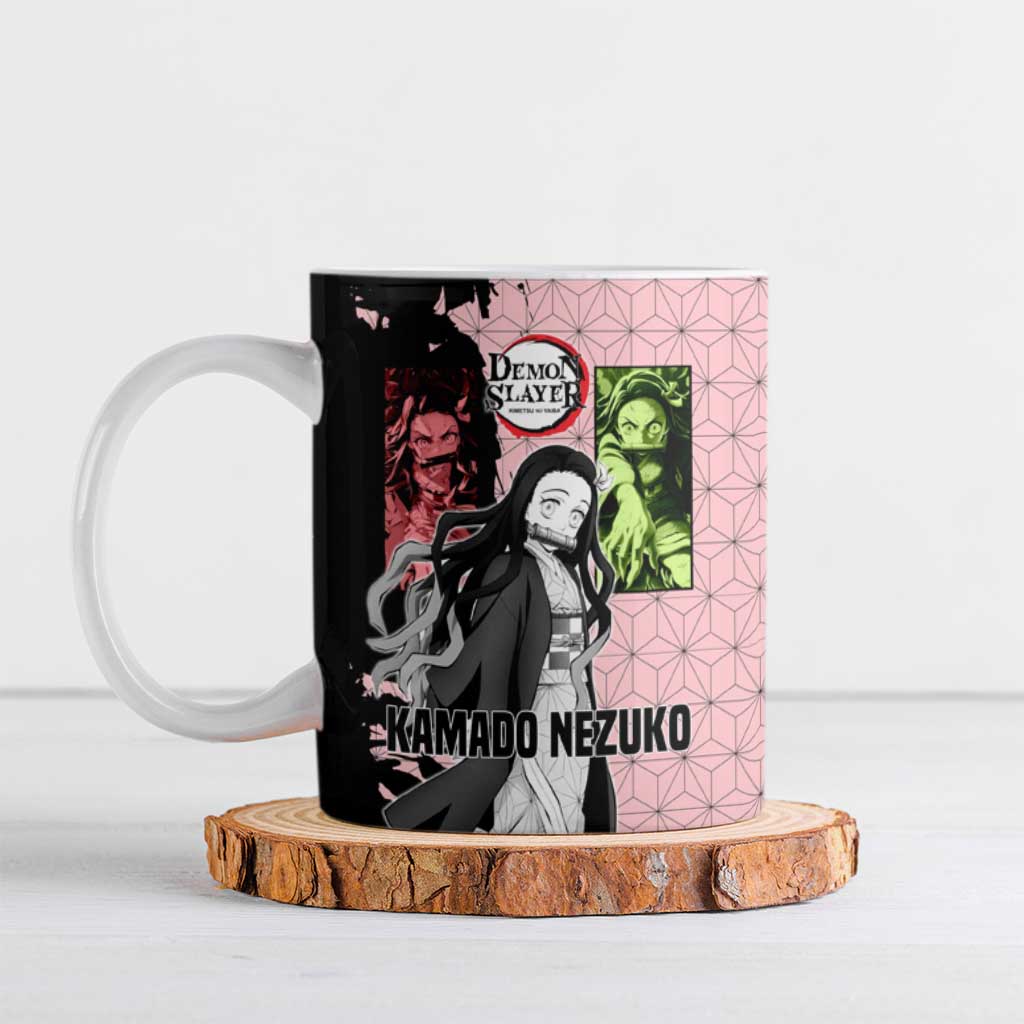 Nezuko Kamado from Demon Slayer Ceramic Mug with Pink Pattern Kimono and Demon Form Flames Design - The Mazicc