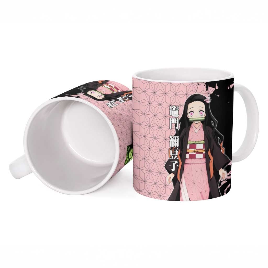 Nezuko Kamado from Demon Slayer Ceramic Mug with Pink Pattern Kimono and Demon Form Flames Design - The Mazicc