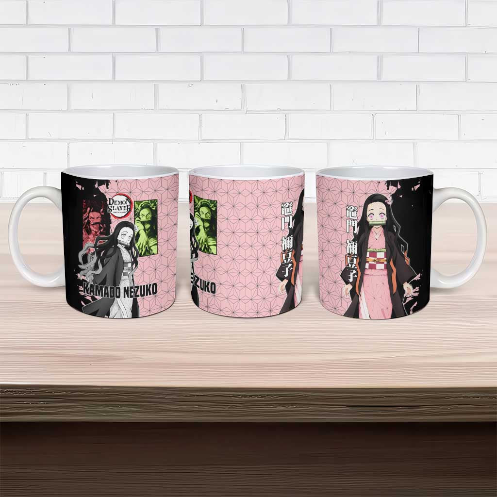 Nezuko Kamado from Demon Slayer Ceramic Mug with Pink Pattern Kimono and Demon Form Flames Design - The Mazicc