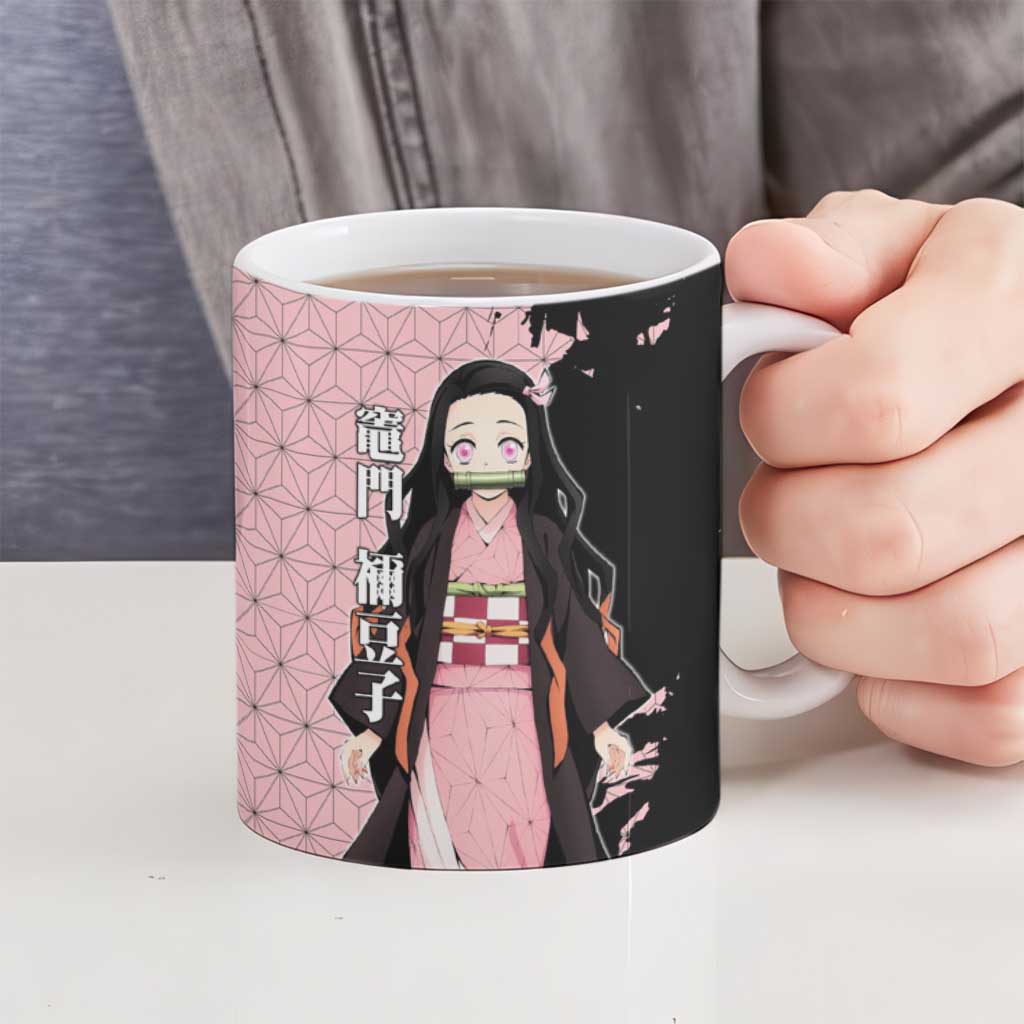 Nezuko Kamado from Demon Slayer Ceramic Mug with Pink Pattern Kimono and Demon Form Flames Design - The Mazicc