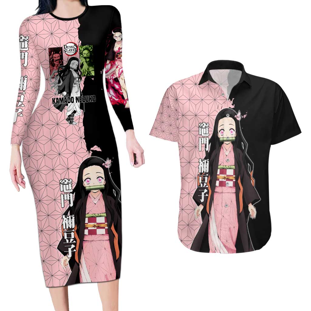 Nezuko Kamado from Demon Slayer Couples Matching Long Sleeve Bodycon Dress and Hawaiian Shirt with Pink Pattern Kimono and Demon Form Flames Design - The Mazicc